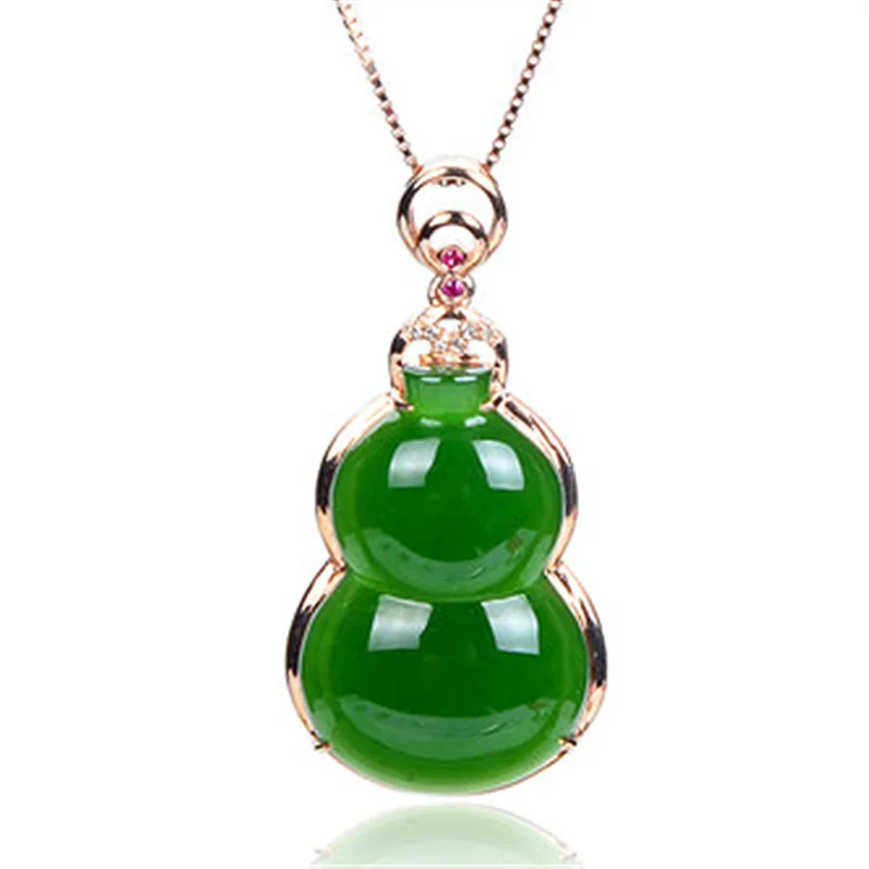 Green Natural Jade Gourd Pendant Necklace Carved Gemstone Talismans Luxury Real Jewelry Rose Gold Plated Fashion Accessories