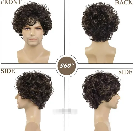 Peruca afro sintética masculina, peruca encaracolada fofa com franja, resistente ao calor, curta, natural, preta, cosplay, dia das bruxas