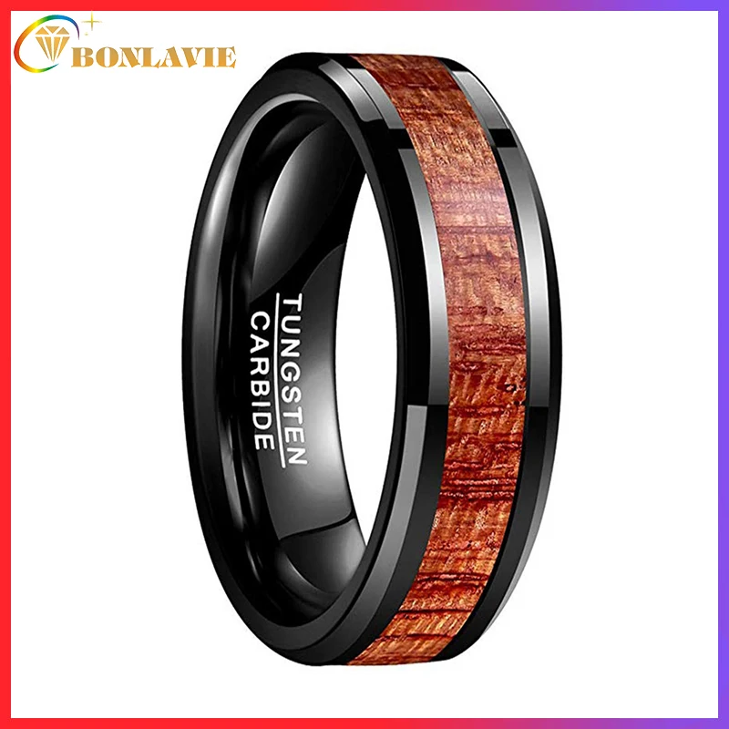 BONLAVIE 8mm Black Polished Inlaid Artichoke Plane Oblique Tungsten Carbide Ring Fashion Wedding Jewelry Gift