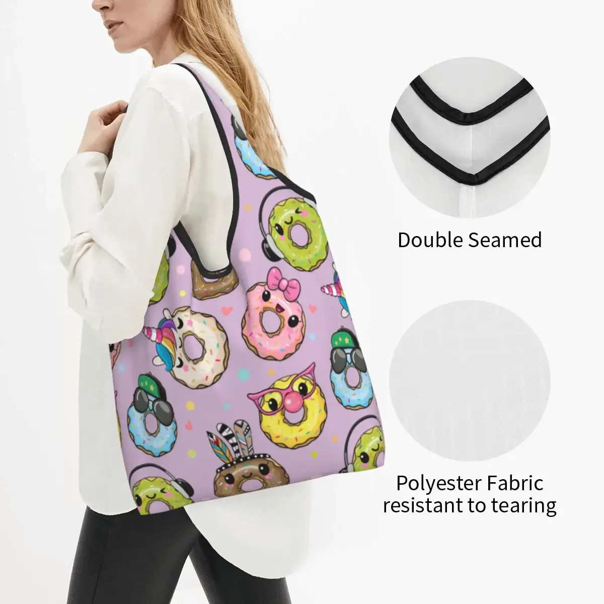 Cute Cartoon Animal Donuts Grocery Bag Foldable Washable Lovely Donut Shopping Bags Extra Large Totes Storage Bag Lightweight