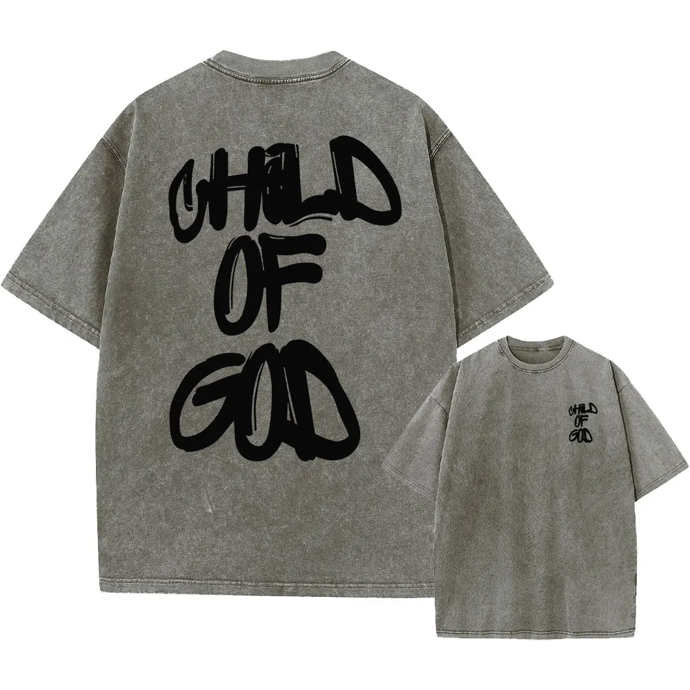 Child Of God Print Vintage Washed Tshirts Men Loose Hip Hop Cotton T-Shirts Crew Neck Casual Hip Hop GYM Running Workout Unisex