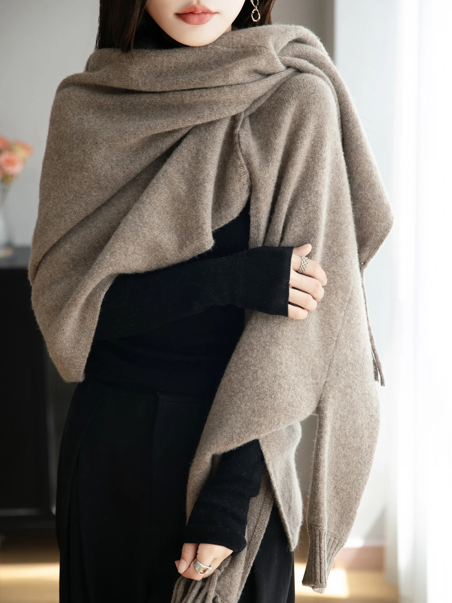 

Элегантная женская шаль из 100% мериносовой шерсти для дам, вязаный кашемировый кардиган, накидка, однотонное пальто, зима-осень, повседневная верхняя одежда