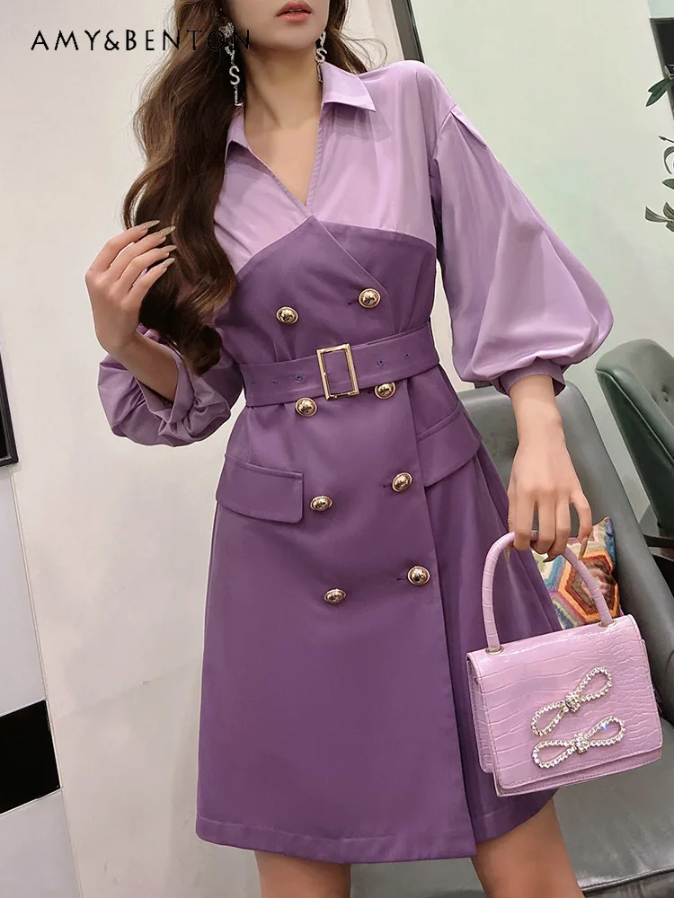 French V-neck Office Lady Puff Sleeve Lapel Shirt Stitching Double Breasted Dresses Spring High Sense Fashion Elegant Mini Dress