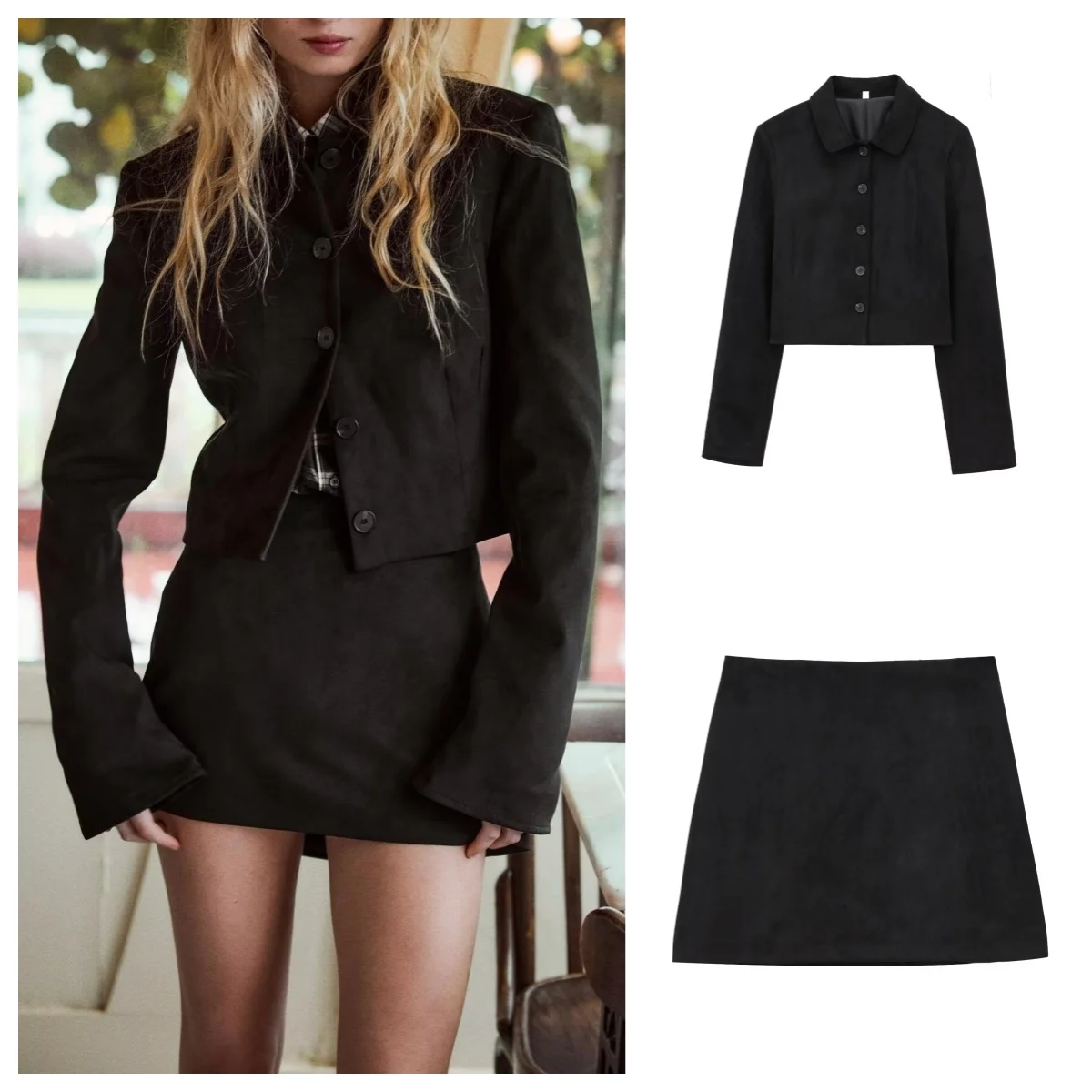 European and American style suede texture lapel single-breasted jacket with hip-wrapped miniskirt Chanel style suit