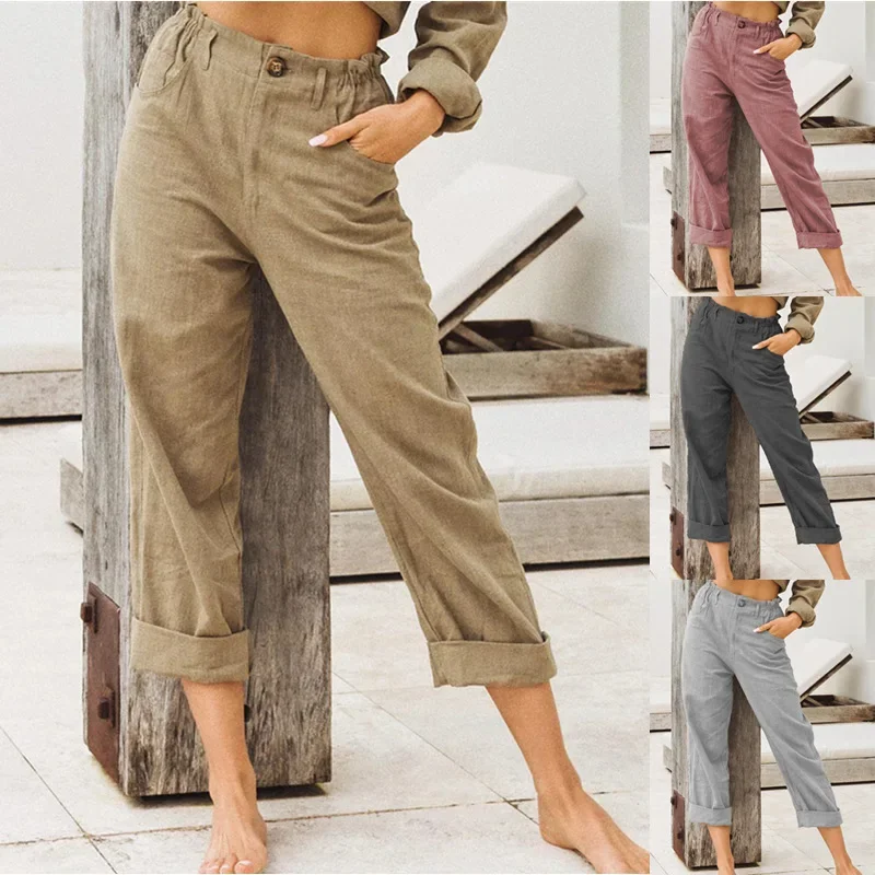 

2025 Summer Cotton Linen Women's Long Pants Black Pockets Button Loose Pants Female New Casual Elegant Fashion Ladies Bottom