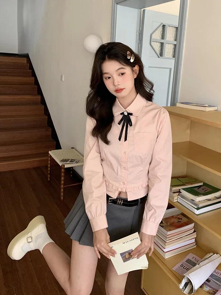 Japanese Sweet Preppy Double Doll Collar Long Sleeve Embroidery Pocket Single-breasted Slim Fit Pink JK Shirt Top Women Autumn