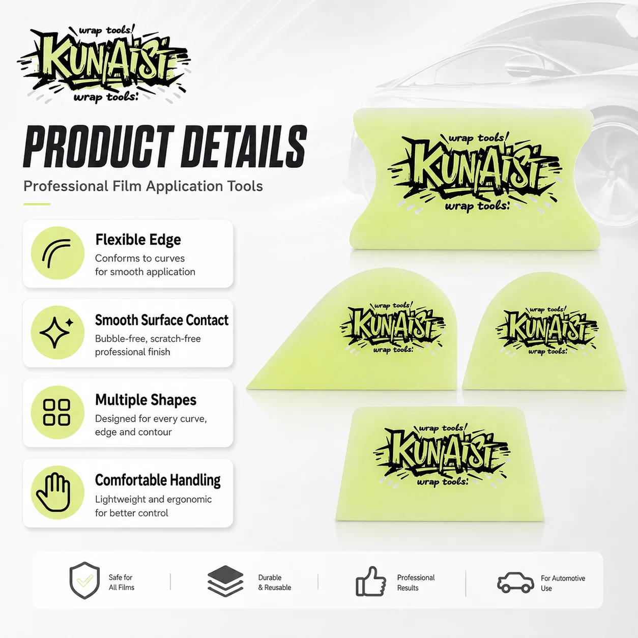 KUNAISI TPU Cow Tendon Squeegee, Car PPF Invisible Film Application Tool, Moderate Soft Hardness Scraper for Water Drain & Edge