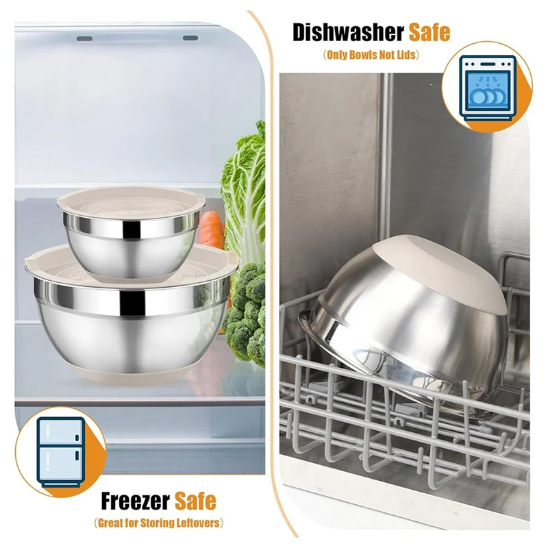 

ABLJ Khaki Color Mixing Bowl Set(6 Pieces), Stainless Steel Bowl With Lid For Salad Storage, Includes 3 Graters Attachment