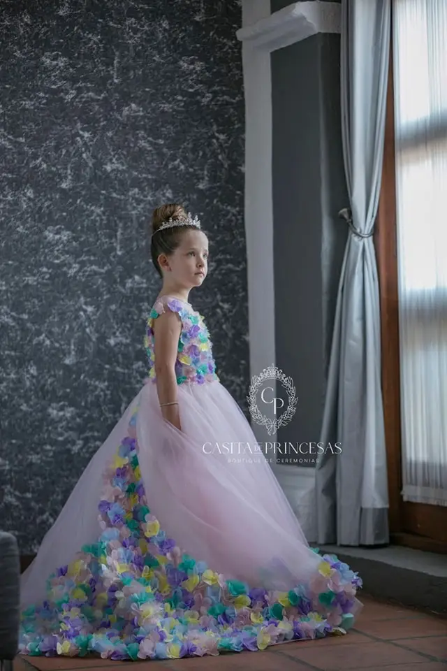Rainbow Floral Girls Birthday Party Dresses Customized Princess Flower Girl Dresses Baby Kids Ball Gowns for Photo Shoot
