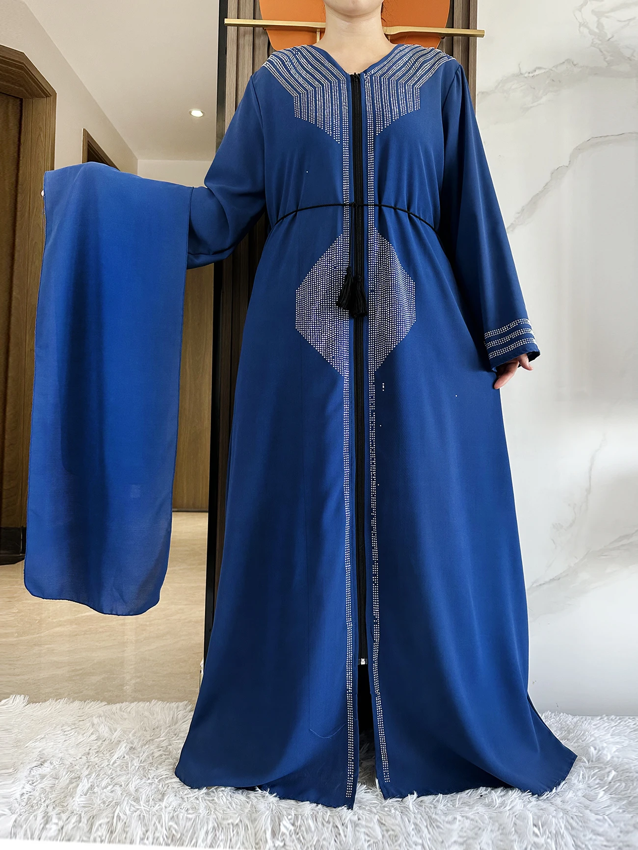 

Newest Women Elegant Dress Dubai Party Outfits Long Sleeve Chiffon Rhinestones Muslim Women Robe Open African Abaya Clothes