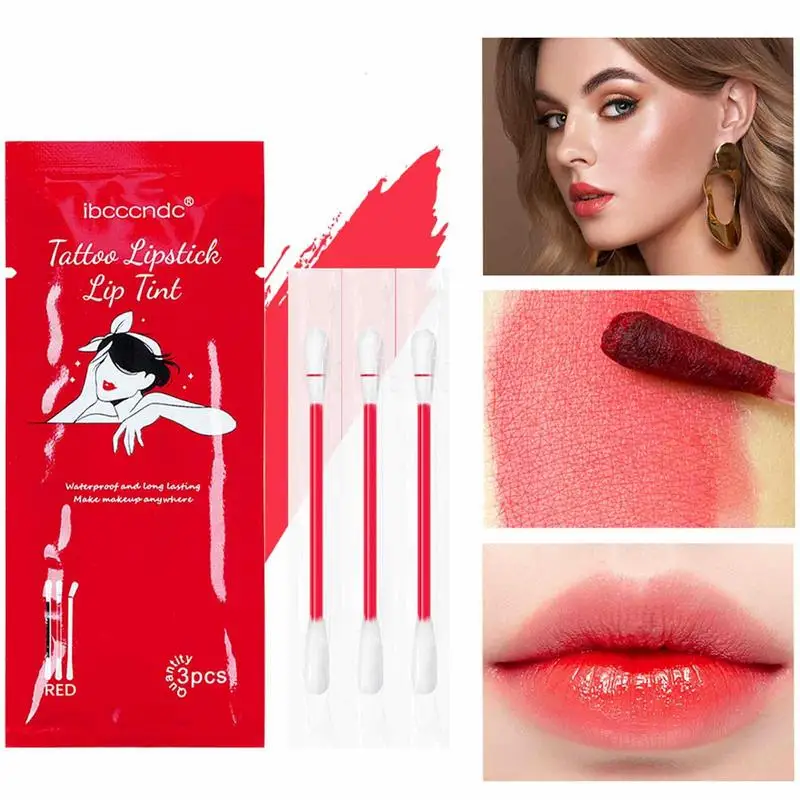 3 Pieces Cotton Stick Lip Stain Matte Lip Tint Waterproof And Long Lasting Liquid Non-Stick Portable Lip Gloss For Women Girls