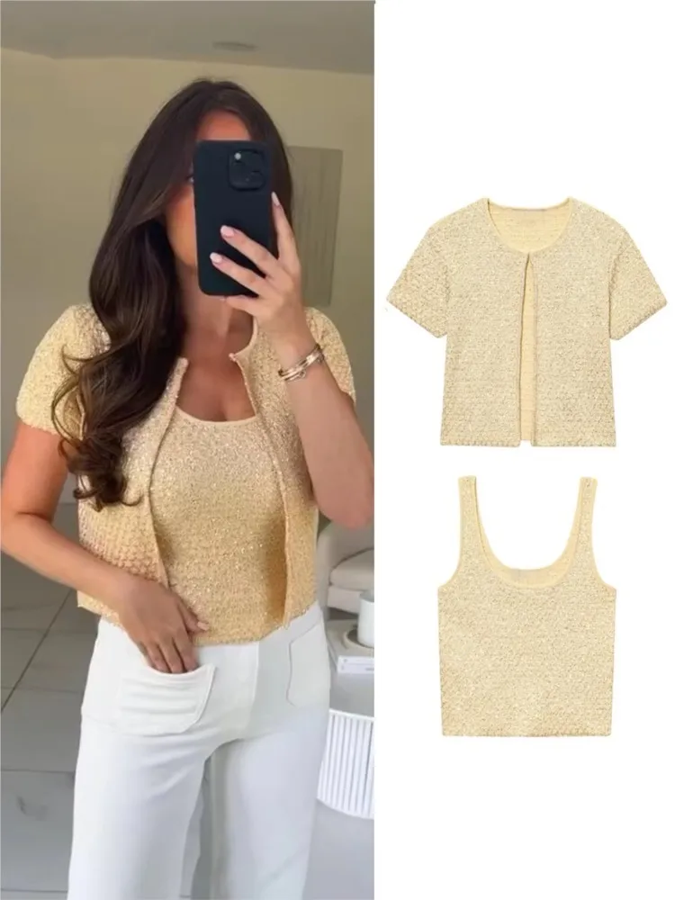 

Elegant Sequin Knitted Jacket Women 2025 Summer New Fashion Casual Yellow Suspender Top+Short Sleeve O-Neck Single Breasted Tops