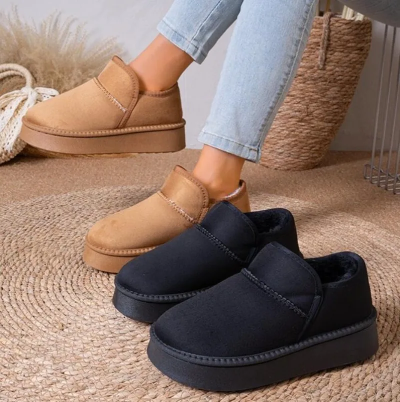 Faux Suede Thick Bottom Snow Boots Women 2026 Trend Warm Thicken Plush Cotton Shoes Woman Slip on Non Slip Winter Ankle Boots
