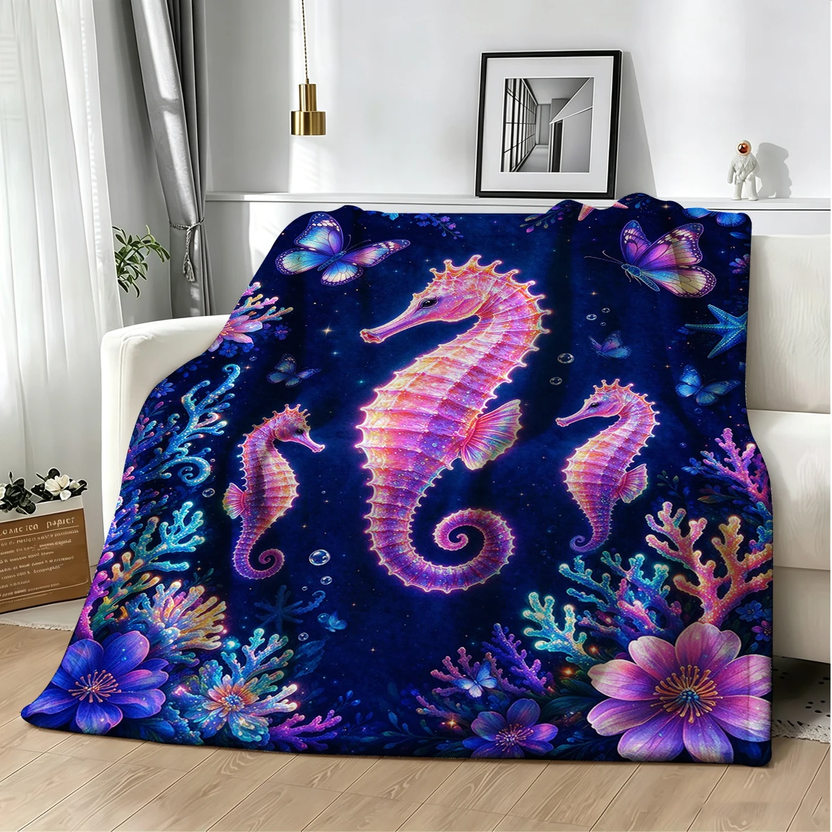 Neon Blue Green Seahorse Flannel Blanket Warm Soft Halloween Christmas Decorative Couch Warm Cozy All-Season Gift - view 4