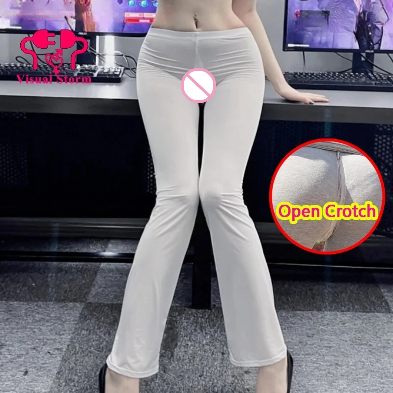 

Women Open Cotch Leggings High Waist Full Expose Pants with Invisible Zipper Seamless Panties Breath Workout Trousers Outdoor
