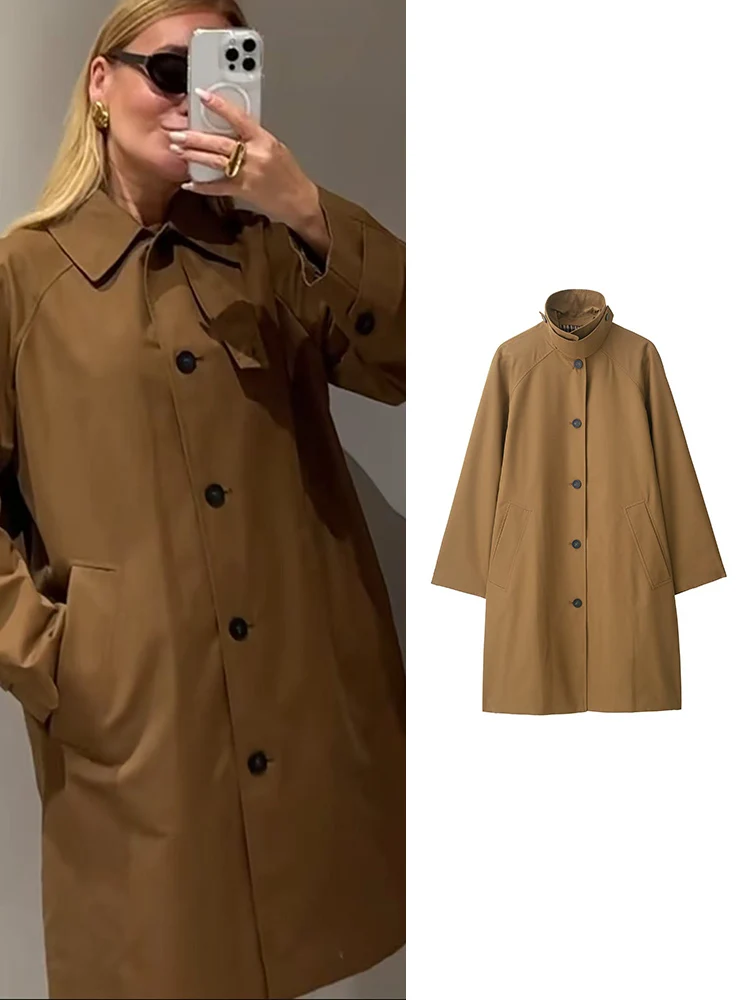 

New Stand Neck Long Trench Coat For Women Spring Autumn Casual Turn-down Collar Single-breasted Simple Fashion Windbreaker Coat