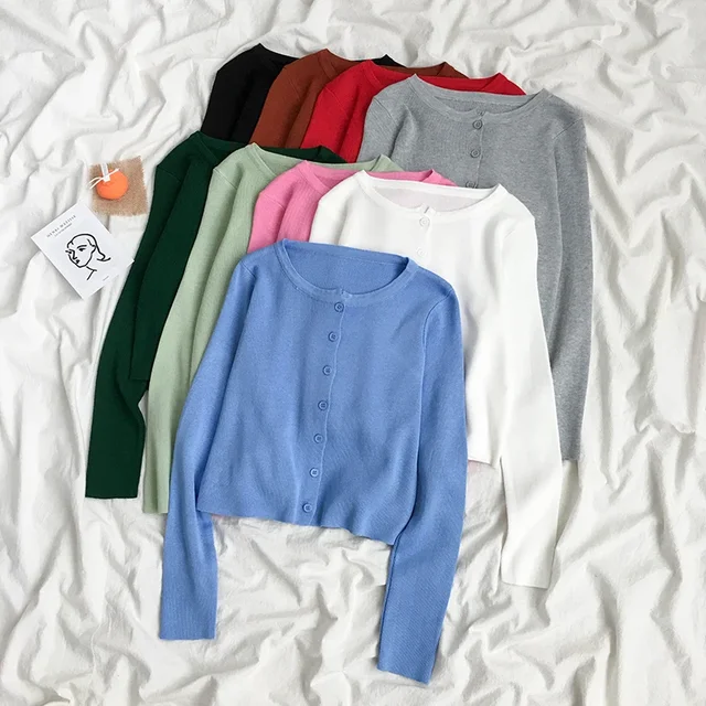Wiosna Jesień Dzianinowe Kardigany Damskie Długi Rękaw Guziki Przód Vintage Cardgian Top Klasyczny Styl Prosty Soild Color Chic