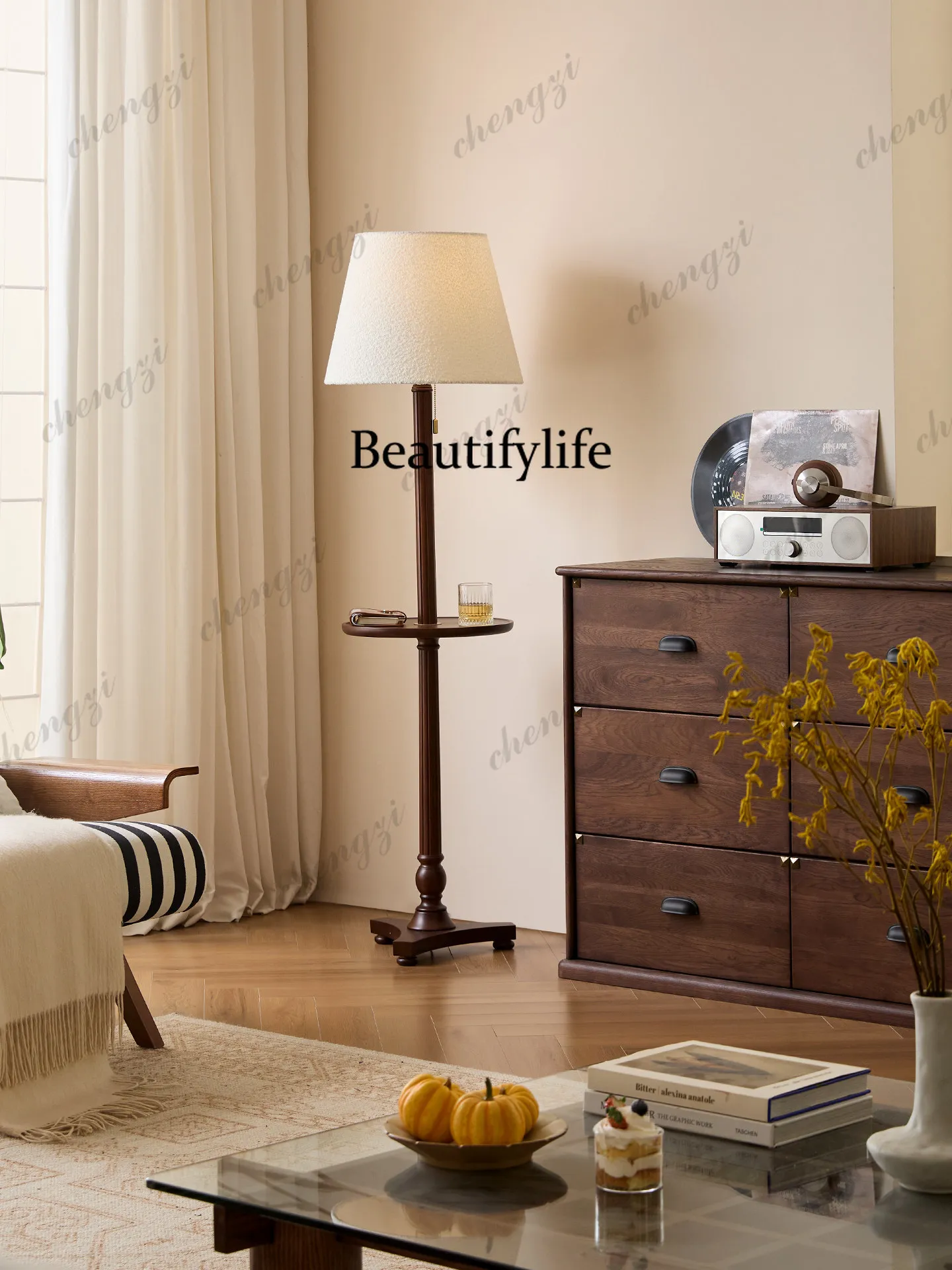 Medieval floor lamp French retro American living room bedroom shelf integrated vertical desk lamp