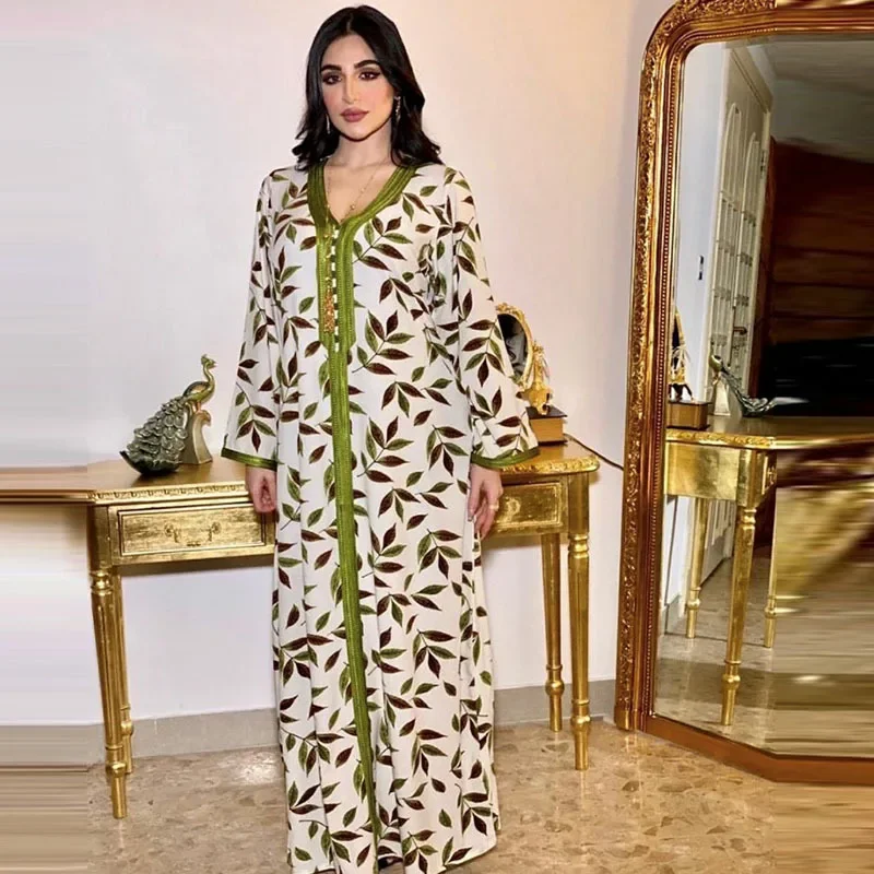 Muslim Dress Women Maxi Dresses Summer Casual Satin Abayas for Women Fashion Female Loose Dress Full Sleeve Print Floral Robe