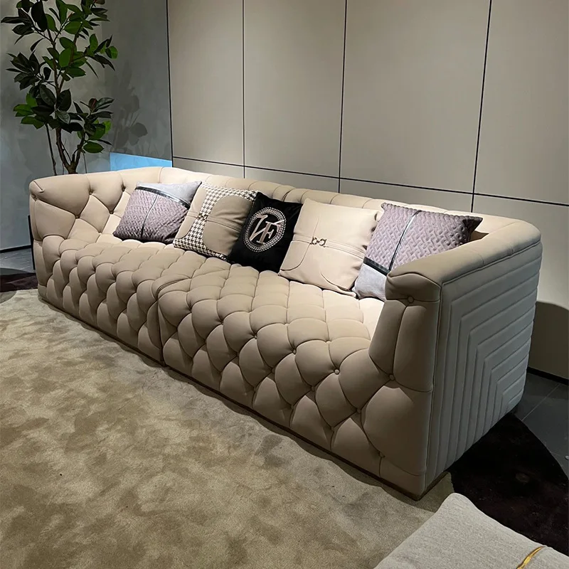 

Light luxury leather sofa living room matte leather fabric straight row sofa villa hotel lobby to negotiate luxury sofa