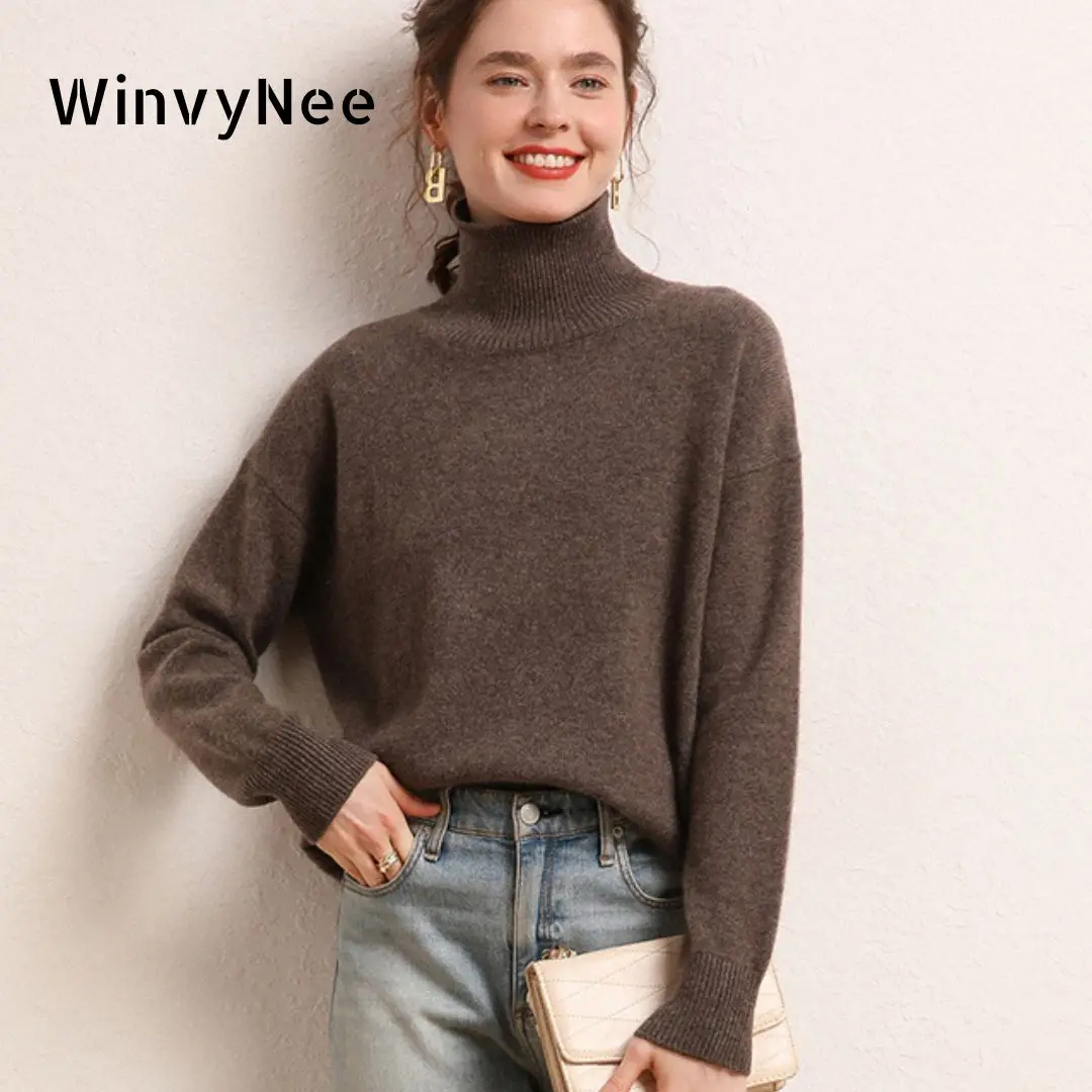 WinvyNee sweater rajut wol kasmir wanita sweater coklat Turtleneck kasual Solid outerwear rajut Pullover pakaian jumper Musim Dingin A1044023