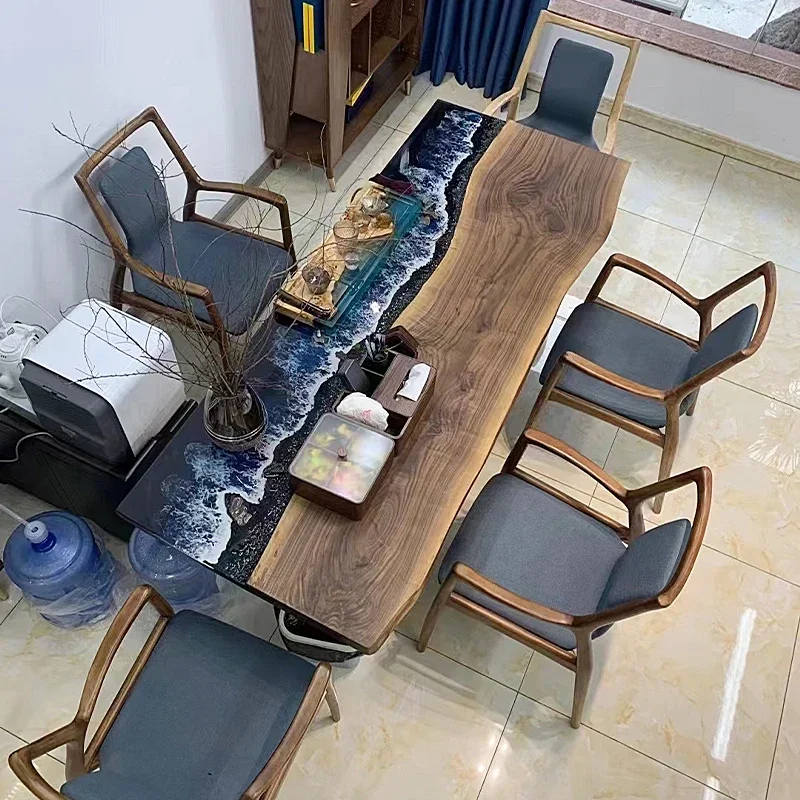 

Речной стол из эпоксидной смолы, черный орех, массив дерева, большая доска, журнальный столик, чайный столик, домашний светильник, роскошный чайный столик T Log Island