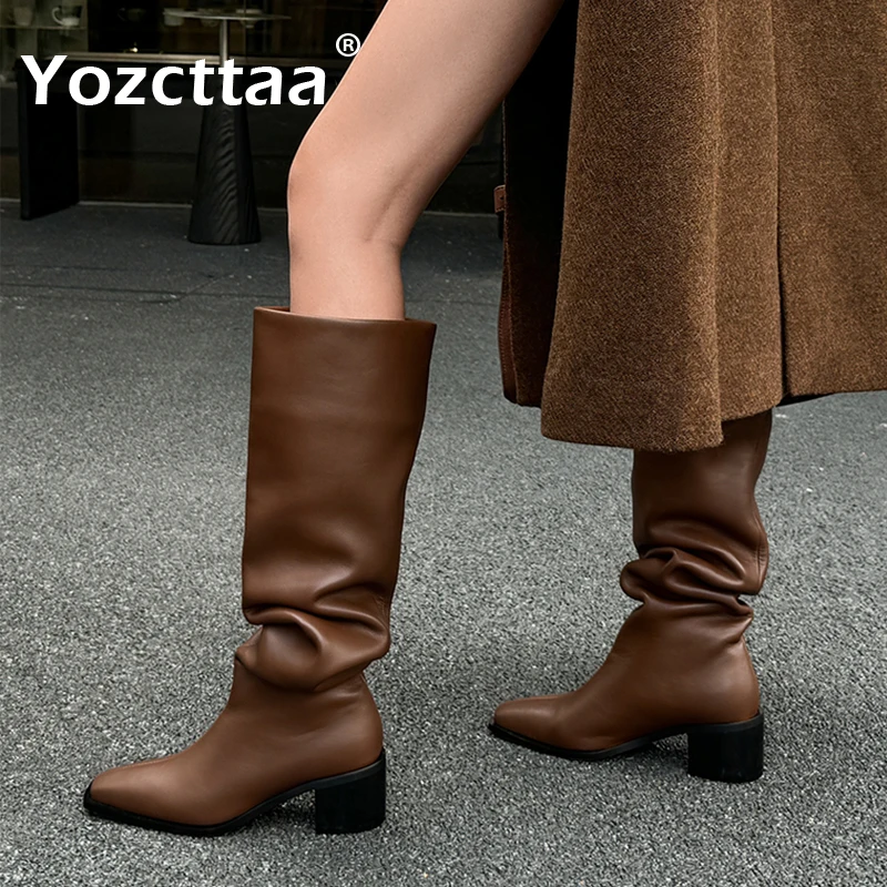 

Yozcttaa Size 33-40 Women Ruched Knee Boots Genuine Leather Wide Calf Chunky Heels Shoes Fall Winter 2025 Casual Long Tall Boots