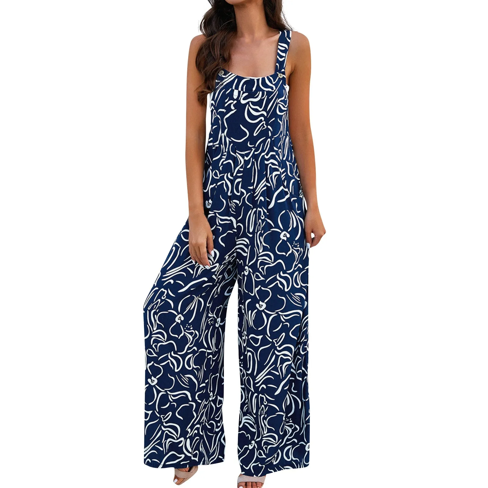 2024 Zomer Nieuwe Modieus Print Wijde Pijpen Jumpsuit Europese Amerikaanse Vrouwen Mouwloze Zakken Playsuit Casual Rompertjes Jumpsuits