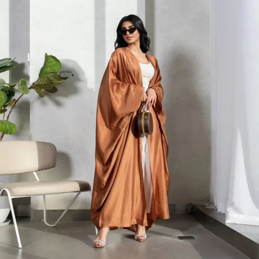 

Fashion Open Satin Abayas for Women New Dubai Plain Kimono Muslim Dress Turkiye Elegant Cardigan Islam Clothing Marocain Femme