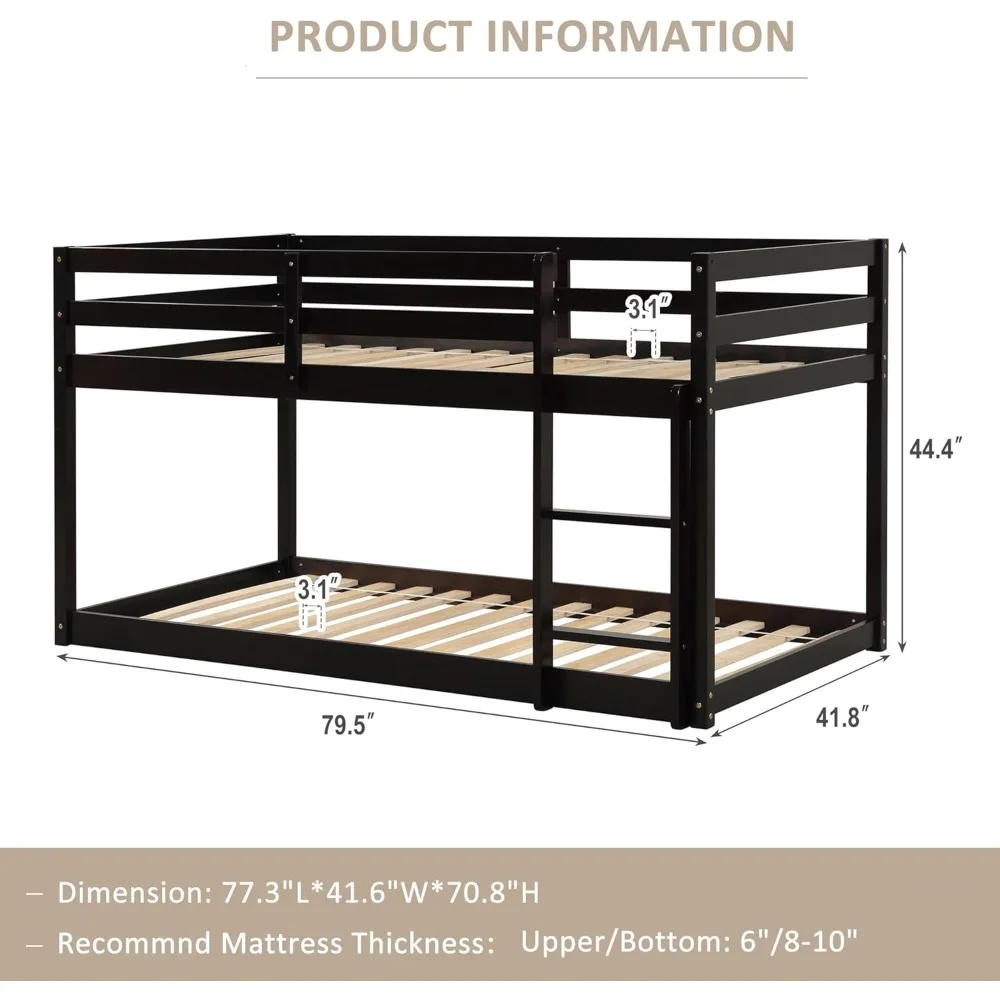 Litera de suelo con escalera, rieles protectores de seguridad, literas gemelas de madera de alta resistencia, literas bajas, No requiere resorte de caja