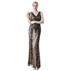 Vestidos de Noche elegantes de lentejuelas brillantes para fiesta de día y noche, sin mangas, cuello en V, Maxi vestido de dama de honor de lujo de tul dorado