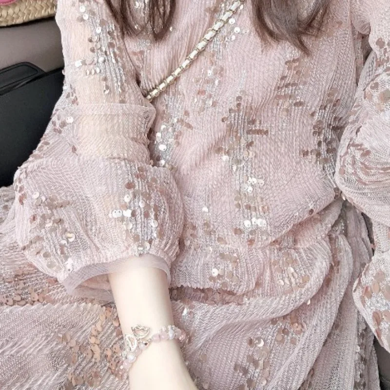 OCEANLOVE Pink Long Dresses Sequins Spring Autumn Elegant Loose Vestidos Mujer Korean Fashion Sweet Long Sleeve Women Dress