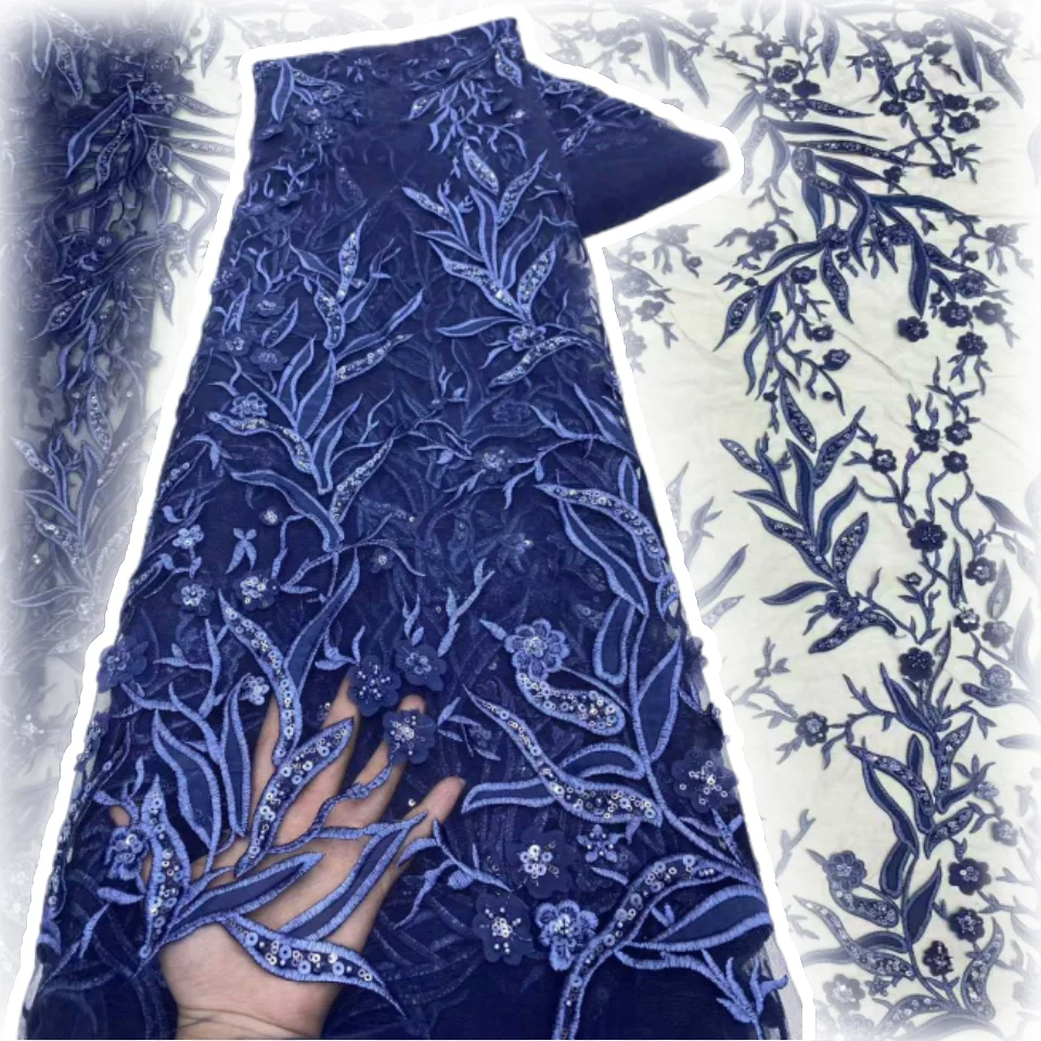 

Роскошный синий 2025 г., высококачественная французская тюлевая сетчатая ткань с блестками, африканская кружевная ткань, 5 ярдов для нигерийского свадебного платья TP1598
