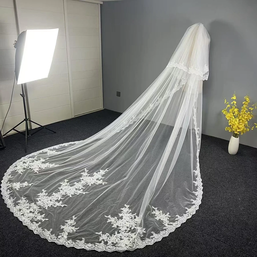 New Arrival White Ivory Cathedral wedding veils Lace Appliques Sexy Bride velos novia wedding accessories Two Layers Bridal Veil image 6