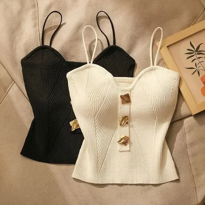 French Style Cross Knitted Suspender for Women 2024 Spring Summer New Lady Slim Camisole High-end Gold Button Bandeau Tops