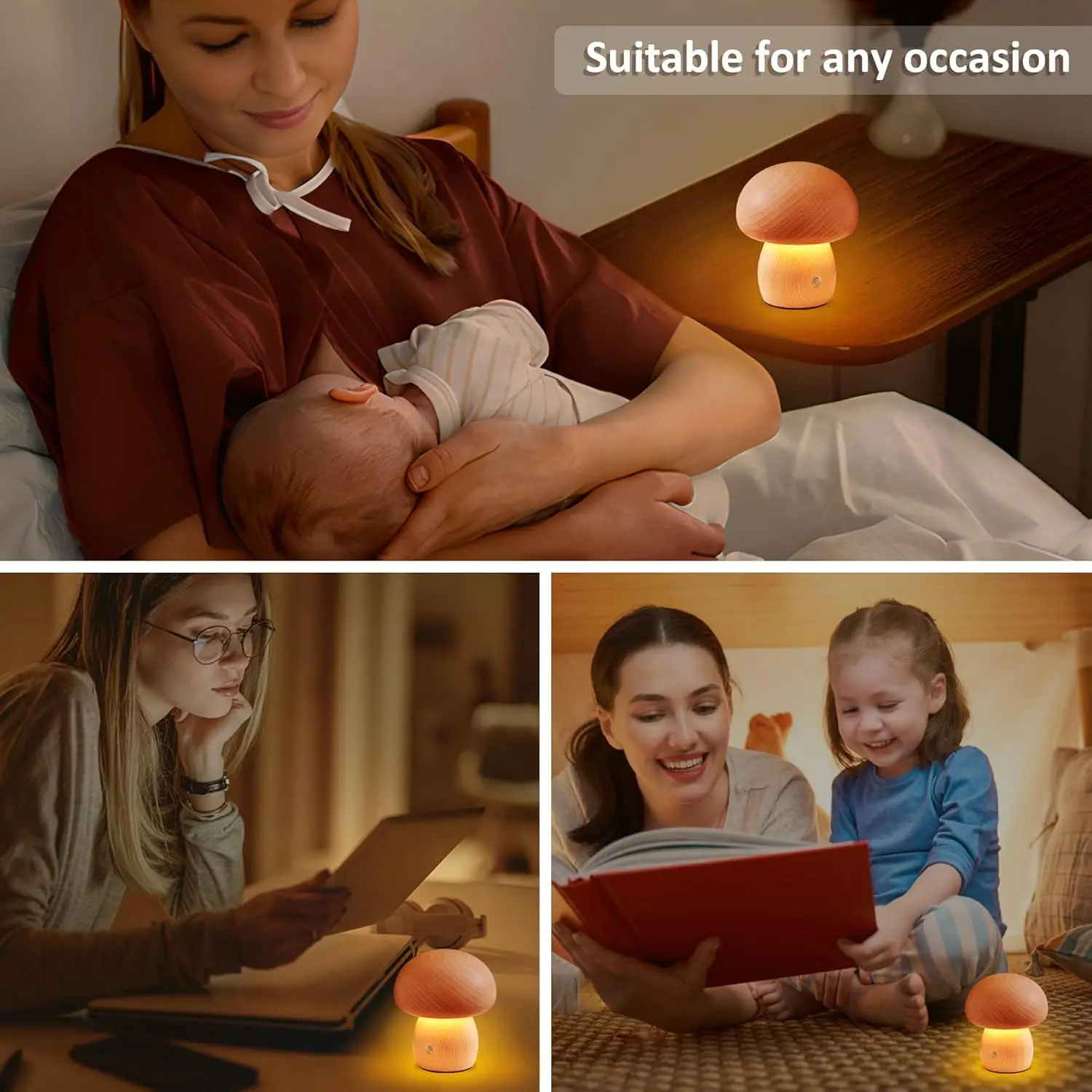Mushroom LED Night Light Dimmable Wooden Bedroom Bedside Table Lamp with Touch Switch Room Decoration Lighting Chargeable