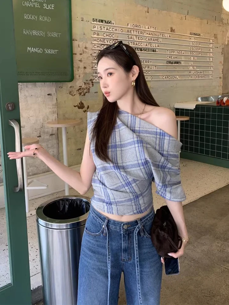Chic Summer ort Women's irt Slim Fit Plaid Design Sensation Retro Color Blo oulder Design Cotton Commute Sle