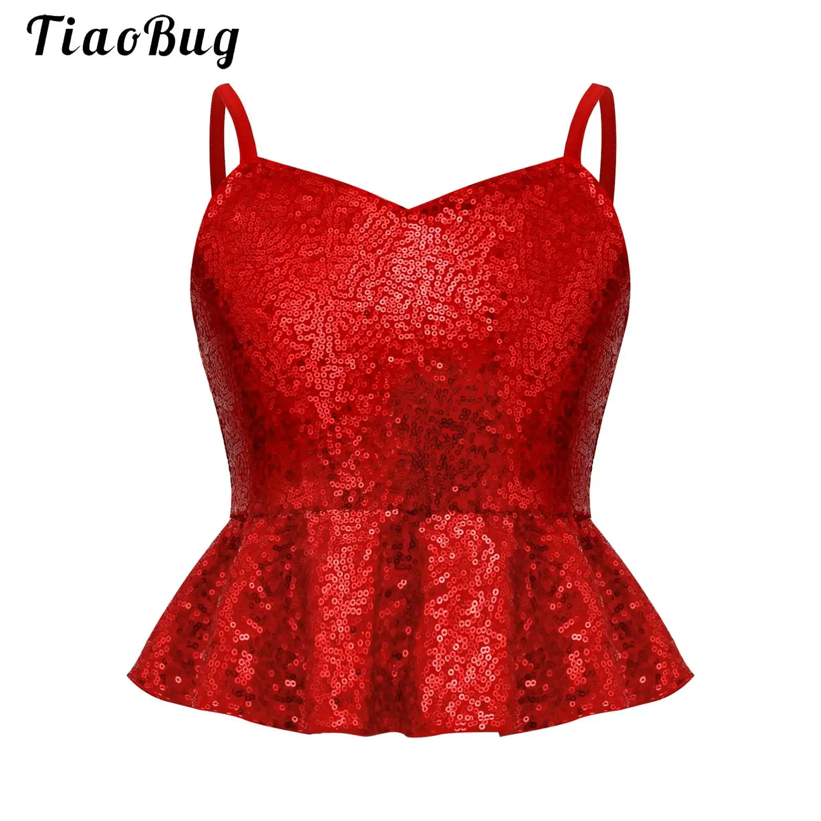Kids Girls Glitter Sequin Camisole Child Sleeveless Ruffled Peplum Vest Shirts Jazz Modern Dance Tank Top Pageants Performance