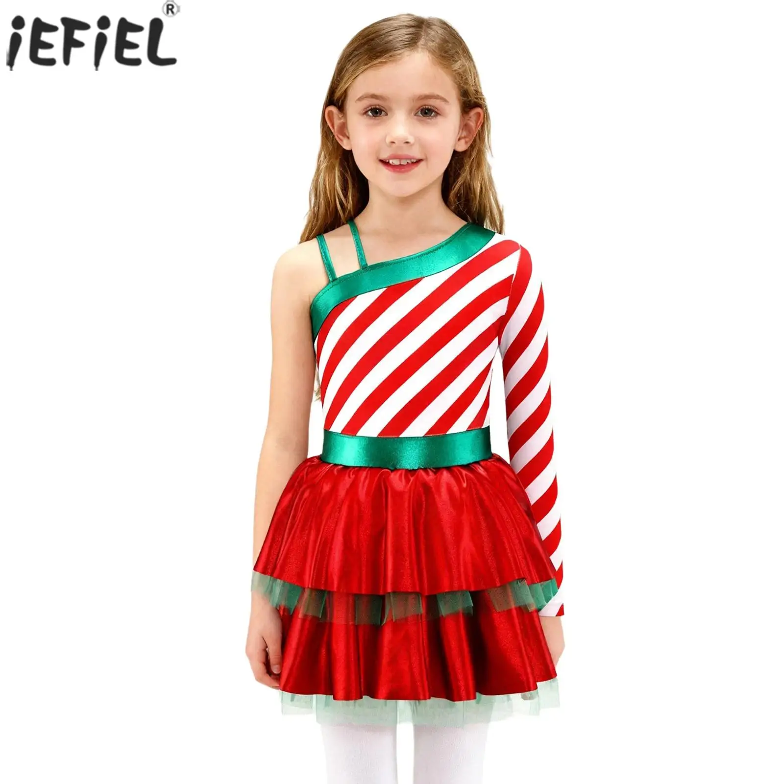 

Girls Candy Cane Christmas Dance Costume One Shoulder Striped Layered Ruffled Tutu Dress Ballet Gymnastics Leotard Dancewear