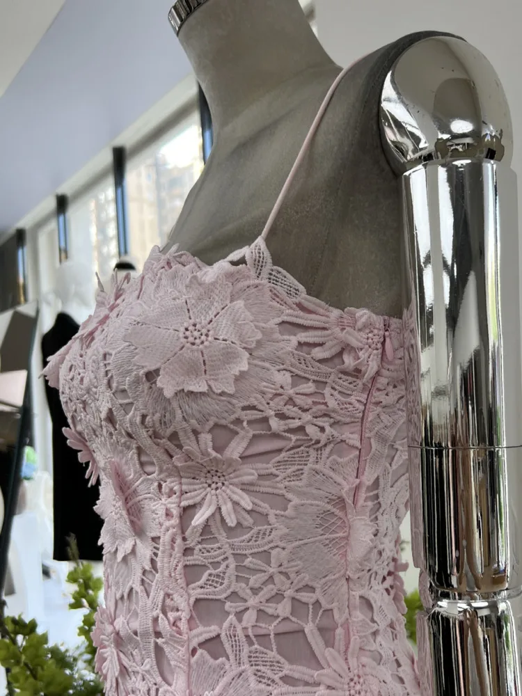 여성용 2025 봄 여름 우아한 레이스 크로셰 컷아웃 스트랩리스 드레스 소프트 핑크 파티 칵테일 가운 여성스러운 달콤한 드레스