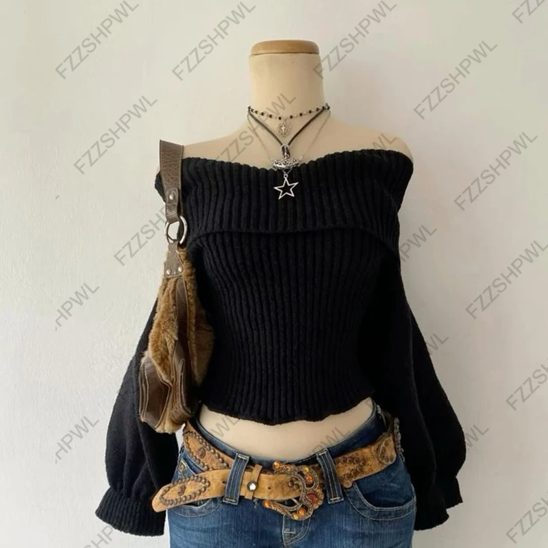 جديد خريف شتاء سترة عادية سليم صالح شيك بلون الشريط الديكور واحد الكتف البلوز Y2K Harajuku المرأة الشارع الشهير