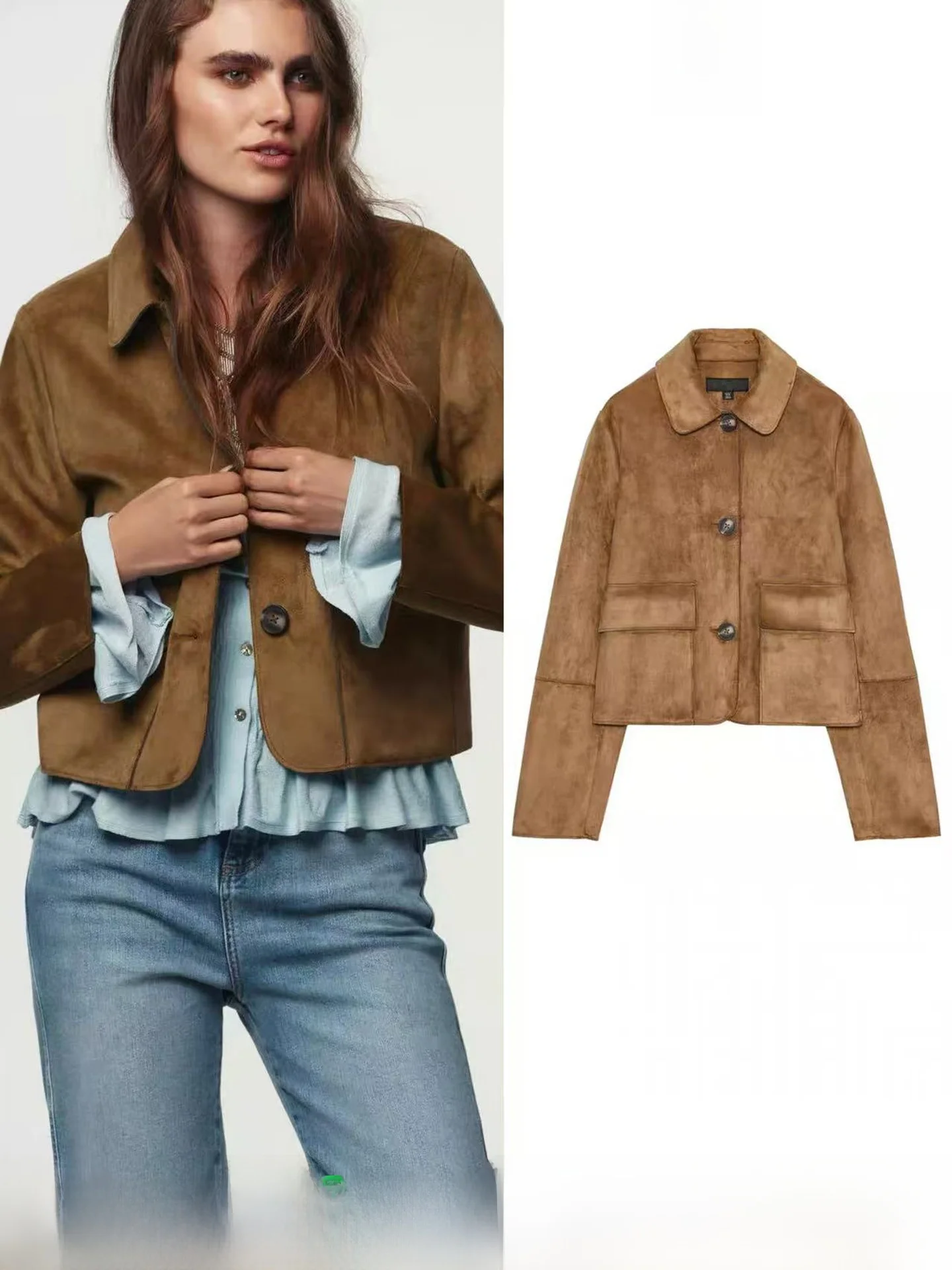 

Fall New Women's Short Faux Suede Effect Jacket Versatile Outerwear Polyester Fiber Button Closure Regular Fit Ladies Coat