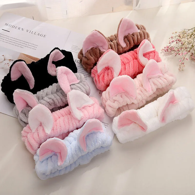 Cute Cat Ear Headband for Women Coral Fleece Soft Elastic Hair Band Girl Face Washing Makeup Skincare Autumn Winter Hair Accesso