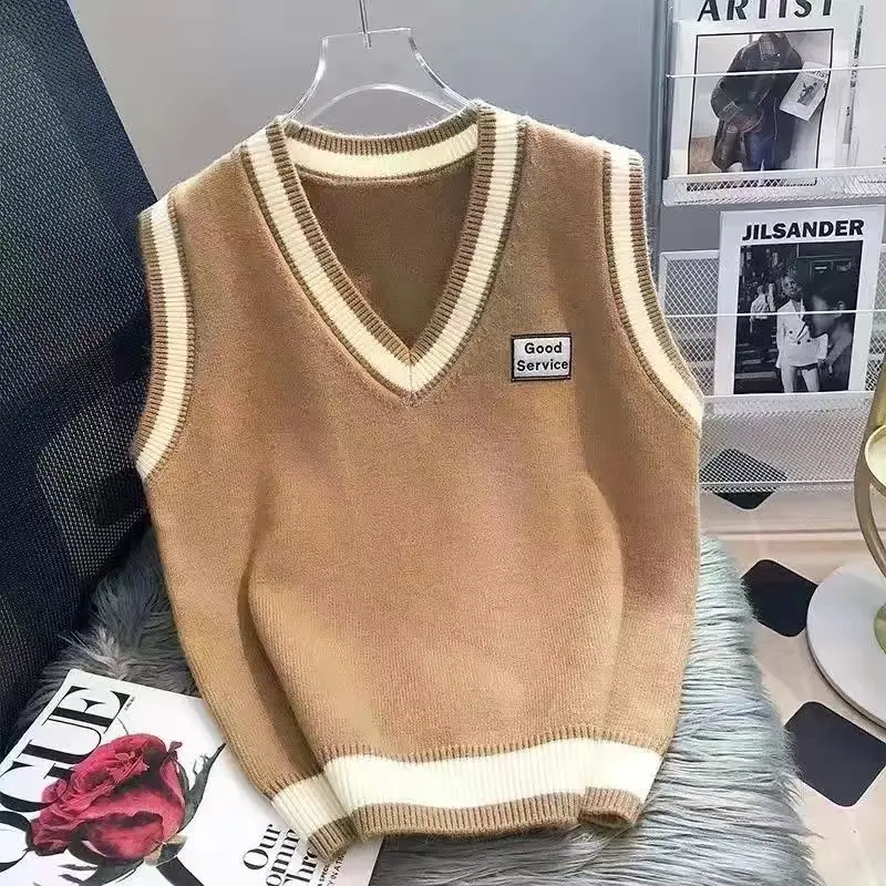 White Top and Vest Korean Academy Style Loose Slim Pullover Sleeveless Tank Top Sweater Autumn and Winter V-neck Knitted Vest