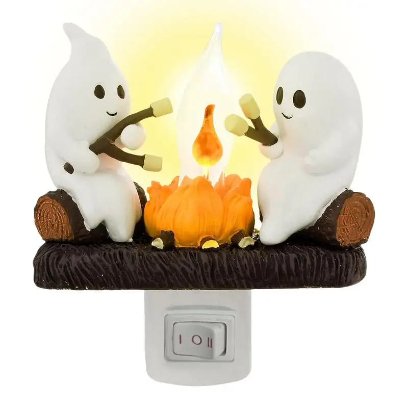 Ghost Campfire Flickering Night Light EU US UK Plug Cute Ghost Lamp 2 Ghosts Roasting Plug Wall Spooky Fire LED Light home decor