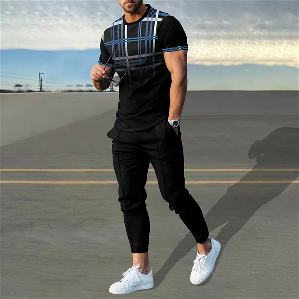 Men T-Shirt Tracksuit 2 Piece Set Short Sleeve Sportswear Suits Fashion Man Clothing Trousers Casual O-Neck Tops Pant Streetwear