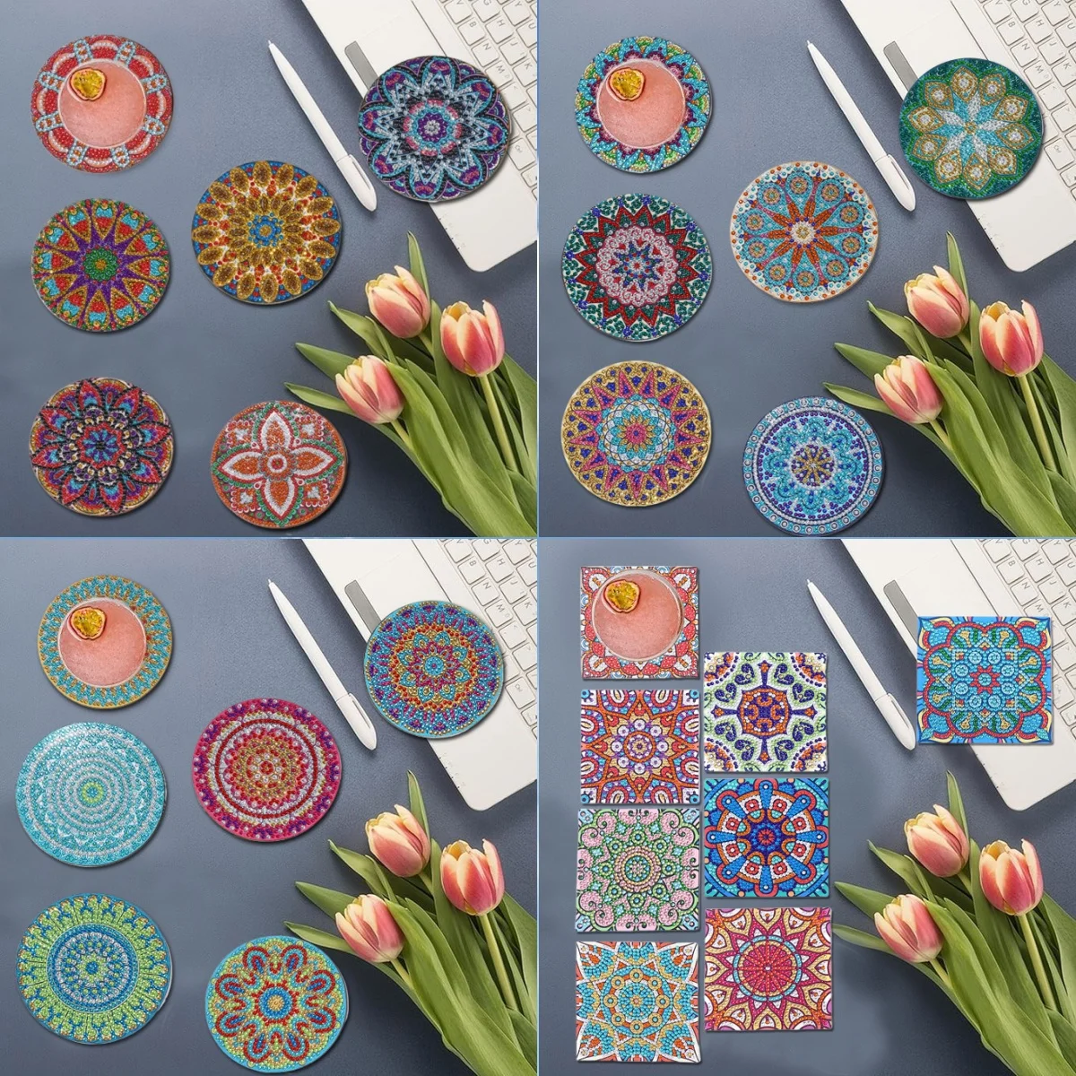 8 مجموعات من قواعد الوقايات الفنية الماسية المستديرة/المربعة/المندالا ذاتية الصنع - الوقايات الفنية الماسية الخشبية المضادة للانزلاق