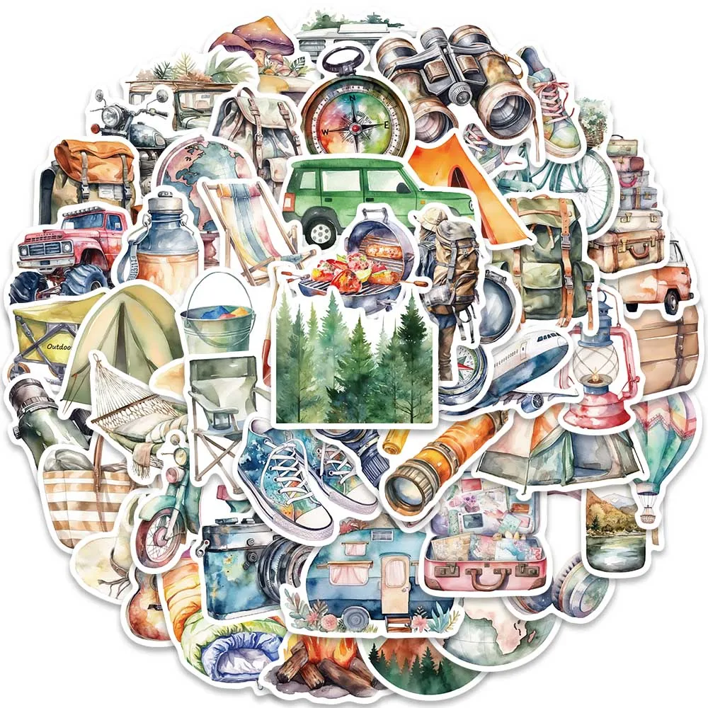 50pcs Cartoon Watercolor Outdoor Travel Camping Stickers For Laptop Phone Luggage Water Bottle Bicycle Car Vinyl Decals