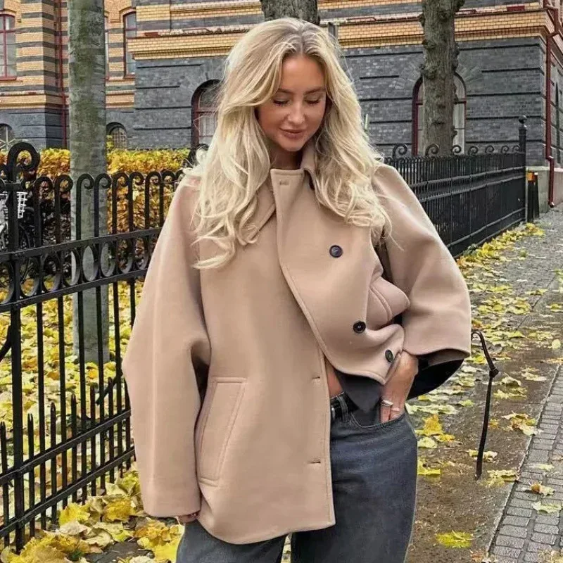 Winter Women's Loose Short Jacket Stand Collar Long Sleeve Button Casual Jacket Women's Wool Blended Top Y2K Coats for Women