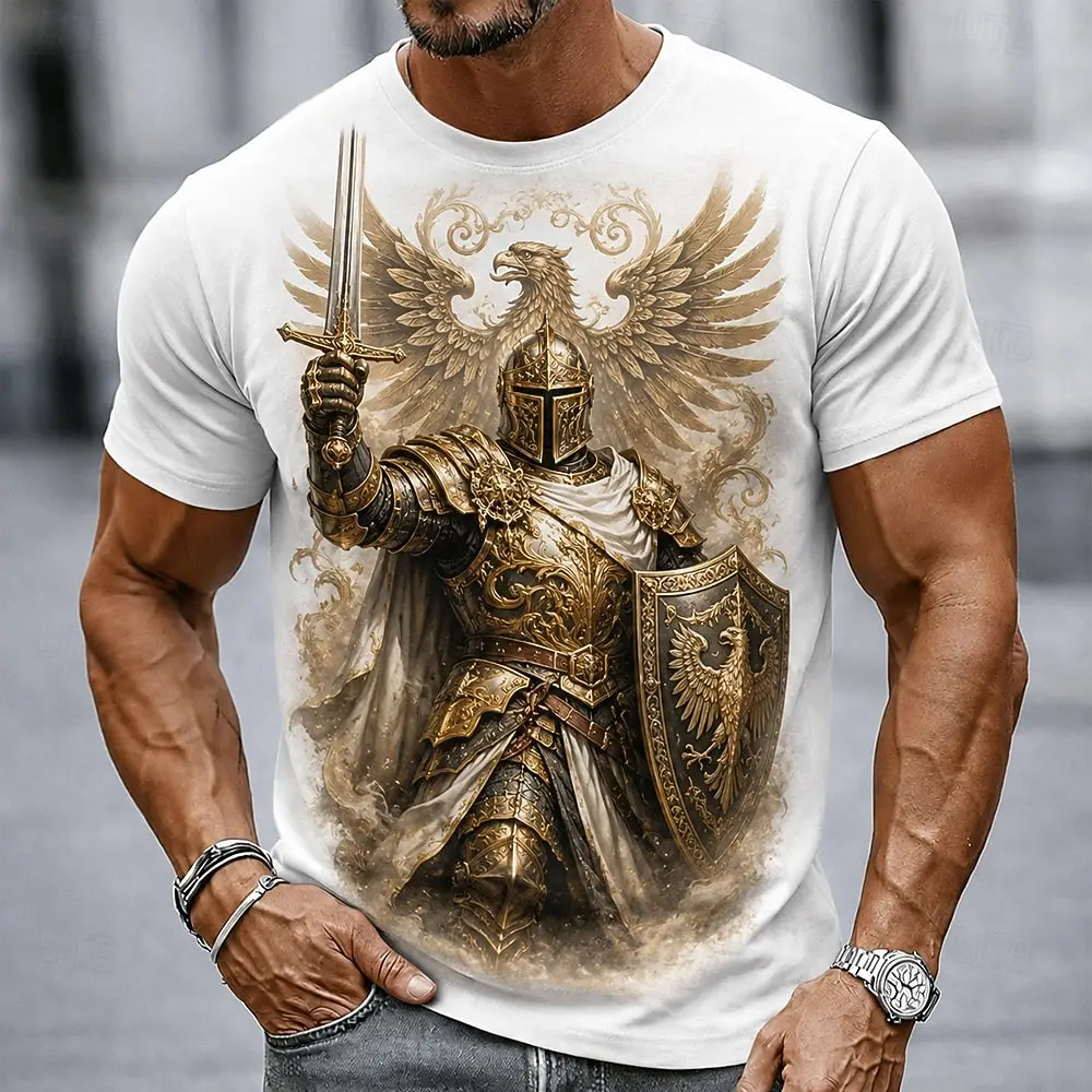 Herren Mittelalterliches Goldenes Ritter-Löwen-Adler-Schloss-Print T-Shirt Vintage Kreuzritter-Krieger Grafik Rundhals Kurzarm-Shirt – Detail 5